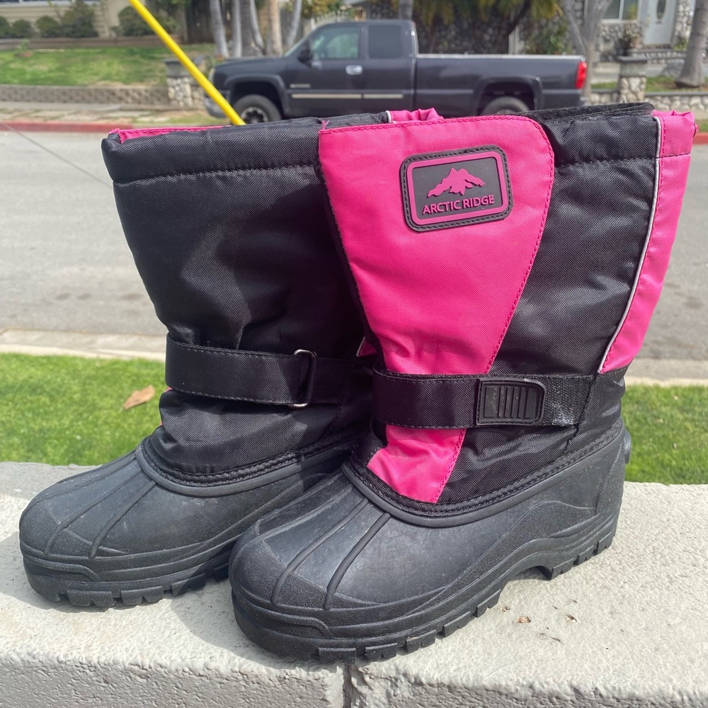 - Kids Pink and Black Snow Rain Rubber Bottom Boots with Adjustable Strap